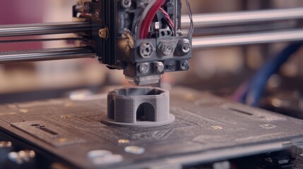 Closeup medium shot showcasing a custom 3D printed spare part on a build plate emphasizing unique design and precision with softened surroundings.