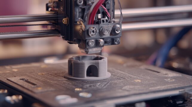 Closeup medium shot showcasing a custom 3D printed spare part on a build plate emphasizing unique design and precision with softened surroundings.