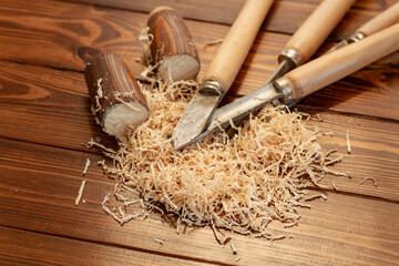Carpentry work with wood tools on wooden table