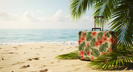 Fototapeta premium Full Suitcase with Tropical Accessories on a Beach Surrounded by Palm Leaves and Turquoise Waters