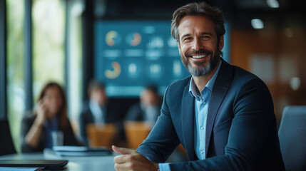Fototapeta premium Smiling businessman presenting data on screen to colleagues in conference room