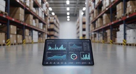Smart Warehouse Interior with Digital Inventory Analytics and Stacked Boxes
