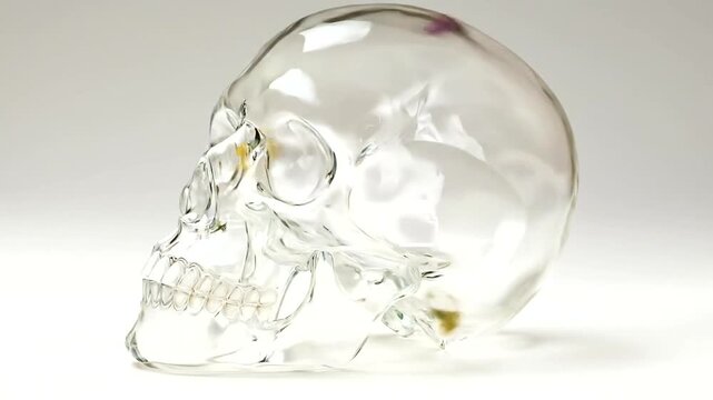 A delicate skull, intricately adorned with a profusion of colorful dried flowers, creating a captivating visual contrast.