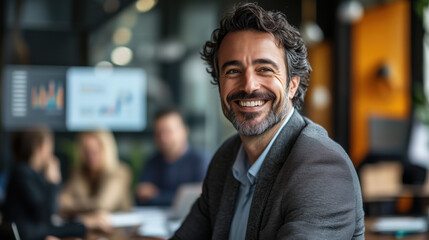 Obraz premium Smiling businessman presenting data on screen to colleagues in conference room
