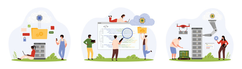 Cloud and digital data storage, programming software code, tech innovation set. Tiny people work with robot arm to repair server and internet connection, develop program cartoon vector illustration