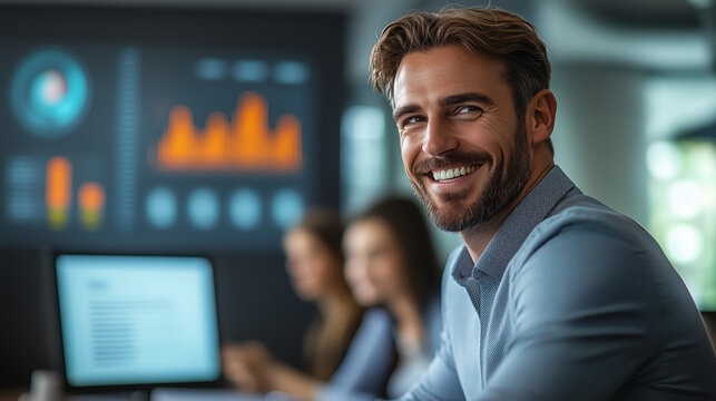 Smiling businessman presenting data on screen to colleagues in conference room