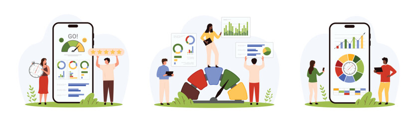 Data chart analysis on dashboard of mobile app set. Tiny people control financial graph growth and diagram of marketing performance in online platform, analyzing reports cartoon vector illustration