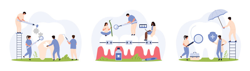 Dental health care, insurance and braces set. Tiny people check tooth enamel with dentists tools, protect teeth with umbrella and shield, correct bite with brackets cartoon vector illustration