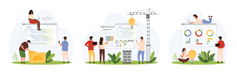 Coding solution set, mobile applications and software code development. Tiny people develop program and apps with light bulb ideas, programmers work with data in folder cartoon vector illustration