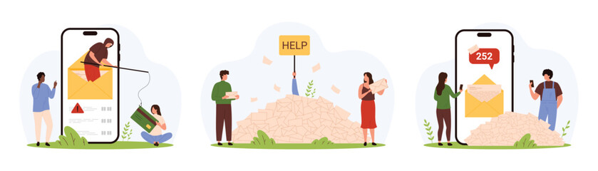 Email spam overload, phishing attack set. Tiny people drowning in letters and mailbox messages with Help sign, scam warning and fishing threat of money theft by criminal cartoon vector illustration