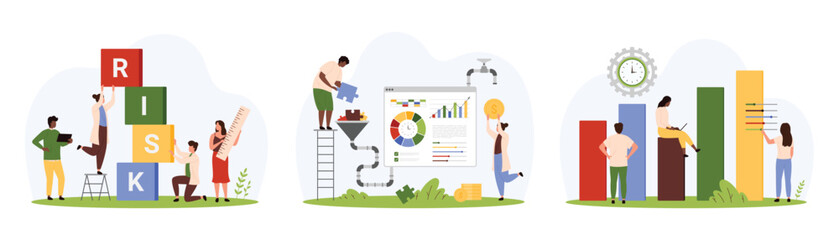 Safety analysis and assessment for financial investment set. Tiny people measure tower of cubes with Risk text, convert decision into money with filter, work with settings cartoon vector illustration