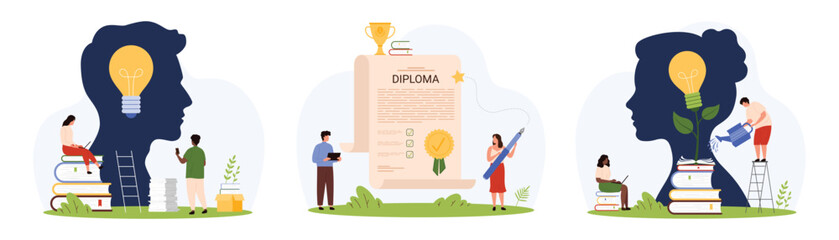 Brain development and training set. Tiny people grow light bulb inside silhouette of human head, develop cognitive skill and knowledge of student, award diploma to graduate cartoon vector illustration