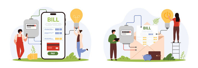 Payment for electricity via mobile app, notifications by mail set. Tiny people pay for energy bill with credit card on phone screen, hold light bulb, check price in letter cartoon vector illustration