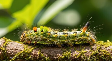 Vibrant Green Hairy Caterpillar Resting on a Mossy Branch in a Lush Forest Environment.
