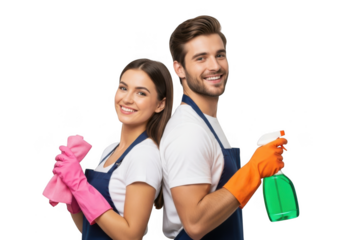 Smiling cleaning service couple holding supplies isolated on transparent background