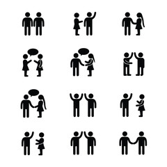 Group of people silhouettes simple relationships icon set