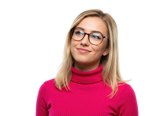 Young woman with glasses wearing a pink turtleneck isolated on transparent background