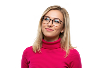 Young woman with glasses wearing a pink turtleneck isolated on transparent background