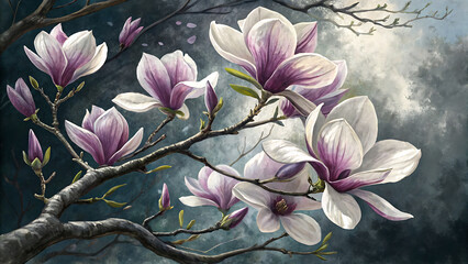 Delicate pink and white magnolia blossoms unfurl on a dark moody branch against a soft ethereal background
