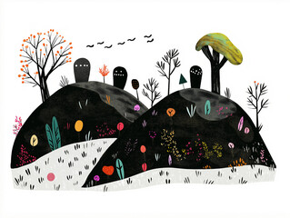 A group of black gravestones stands quietly in a forest graveyard, surrounded by trees and plants on a summer day. A simple childish drawing of a cemetery. AI-generated illustration