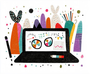A colorful cartoon laptop displays charts and graphs on its screen, with a pencil and pen nearby. A fun and simple tech illustration of a close-up of a work setup in an office setting. AI-generated