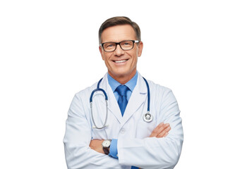 Smiling male doctor wearing glasses and stethoscope isolated on transparent background