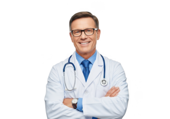 Smiling male doctor wearing glasses and stethoscope isolated on transparent background