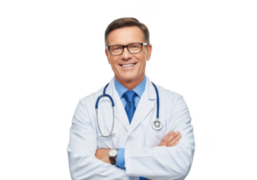 Smiling male doctor wearing glasses and stethoscope isolated on transparent background - Powered by Adobe