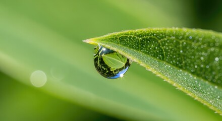Sparkling Water Drop Resting on a Vibrant Green Leaf After Rain, Macro Close-Up