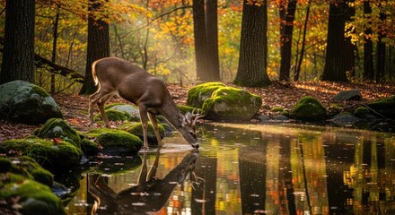 Majestic Deer Drinking Water from a Tranquil Stream in a Sun-Dappled Autumn Forest