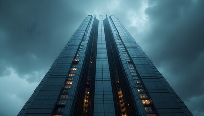 Futuristic Skyscraper with Rainwater Collection Funnels Glowing in Stormy Weather
