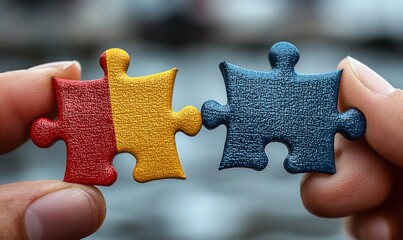 Two puzzle pieces, colored with a national flag design, held together by human hands.  Close-up, shallow depth of field
