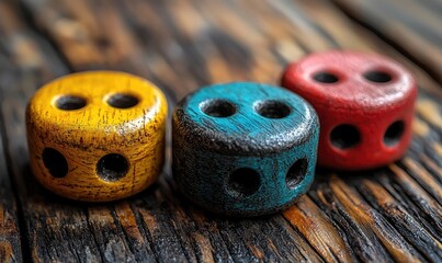 Close-up of three colorful wooden buttons on a weathered wooden surface