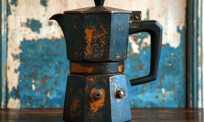 Vintage-style coffee maker on a rustic wooden surface