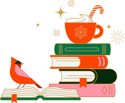 Stack of books, hot chocolate cup and cardinal bird Christmas illustration - Powered by Adobe