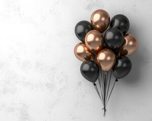 Bunch of black and copper balloons on a white background