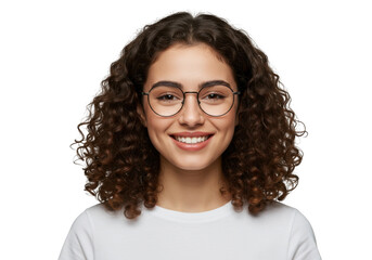 Portrait of a young woman with curly hair and glasses smiling brightly transparent background