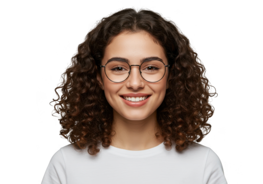 Portrait of a young woman with curly hair and glasses smiling brightly transparent background