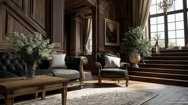 Luxurious vintage wooden living room interior with polished hardwood floors, ornate staircase, chandelier lighting, plush armchairs, and antique décor creating timeless elegance and sophisticated atmo - Powered by Adobe