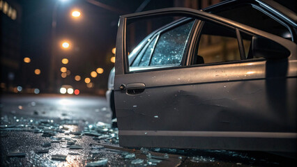 Crumpled car door with shattered glass reflecting streetlight, damaged vehicle at night conveying tension and urgency