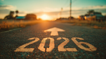 road to 2026 with year number painted on asphalt and forward arrow, symbol of future, progress, and new beginnings, new year celebration