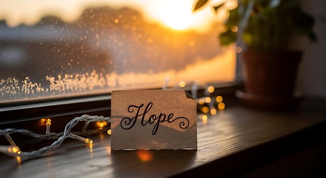 A heartwarming scene by a window, featuring a simple card with the word "Hope" written in elegant script, surrounded by warm golden lights and a tranquil winter setting.
