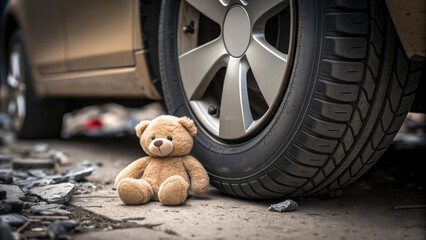 Small teddy bear lying beside crushed car tire ac, teddy bear beside damaged car wheel evokes abandonment and concern
