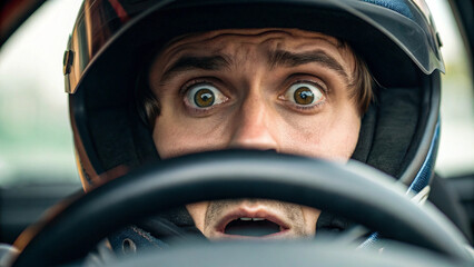 Wide terrified eyes of driver post collision in helmet, shocked expression gripping steering wheel