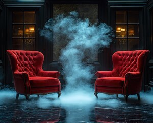 Two red velvet armchairs in a dark room, fog in between