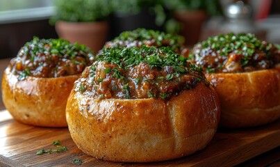Baked bread bowls filled with savory stew