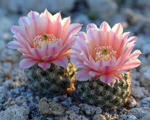 Two vibrant pink and white cactus flowers