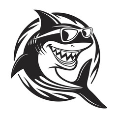 Cool shark wearing sunglasses smiles widely within circular stylized wave pattern in black and white