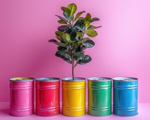 Colorful cans holding a plant against a pink background