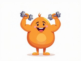 Fototapeta premium Orange Cartoon Mascot Lifting Weights and Smiling